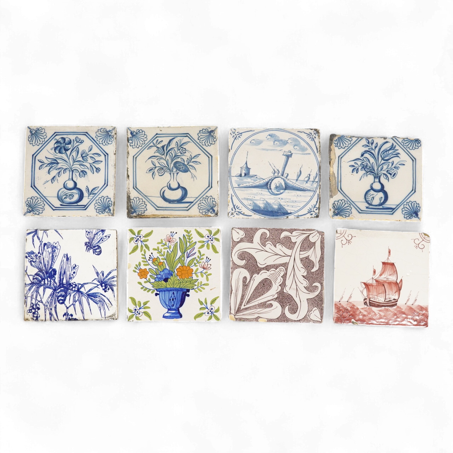 Four 18th century Dutch blue and while tiles, another in manganese and three other tiles 13cm square